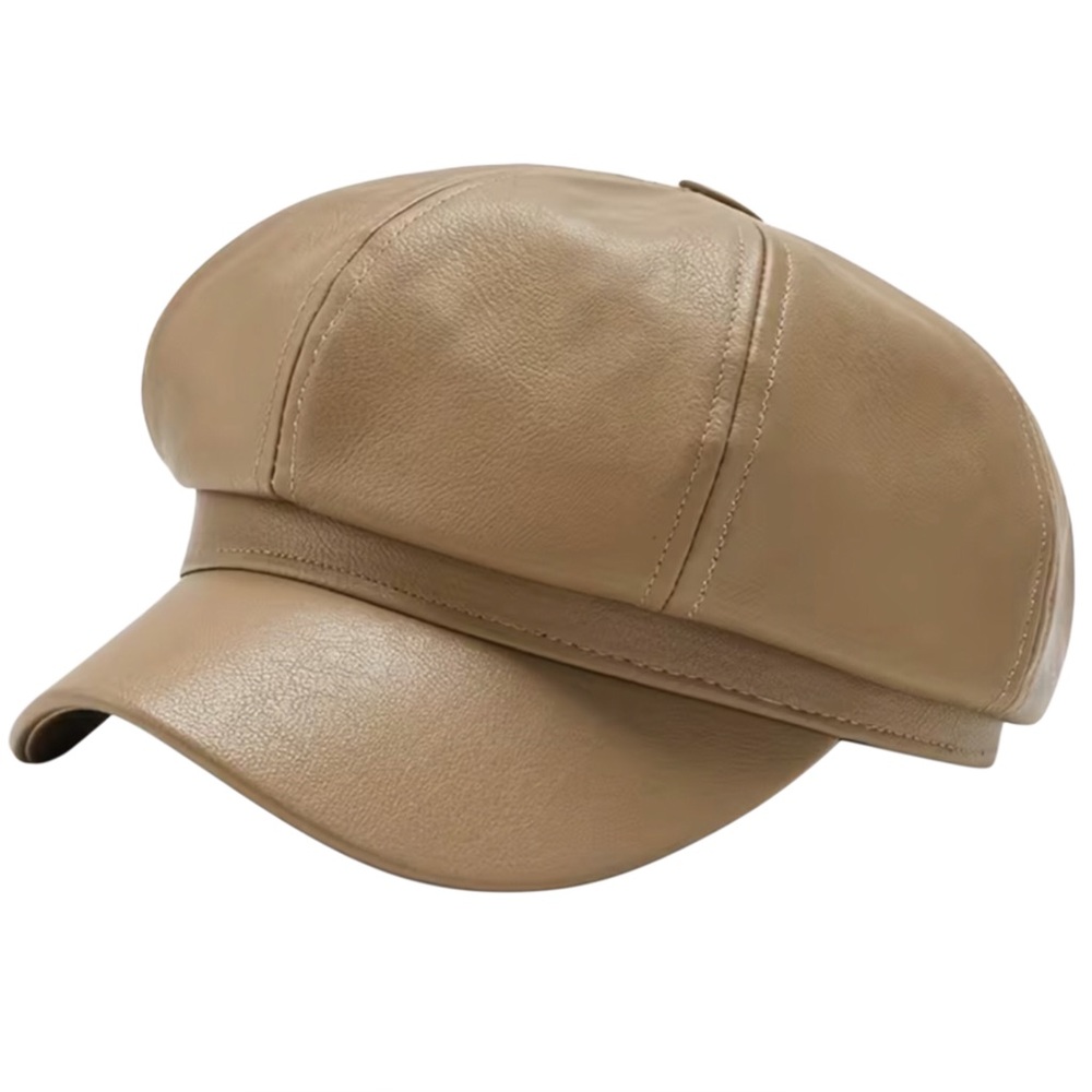 Khaki Faux Leather Newsboy Beret Hat
